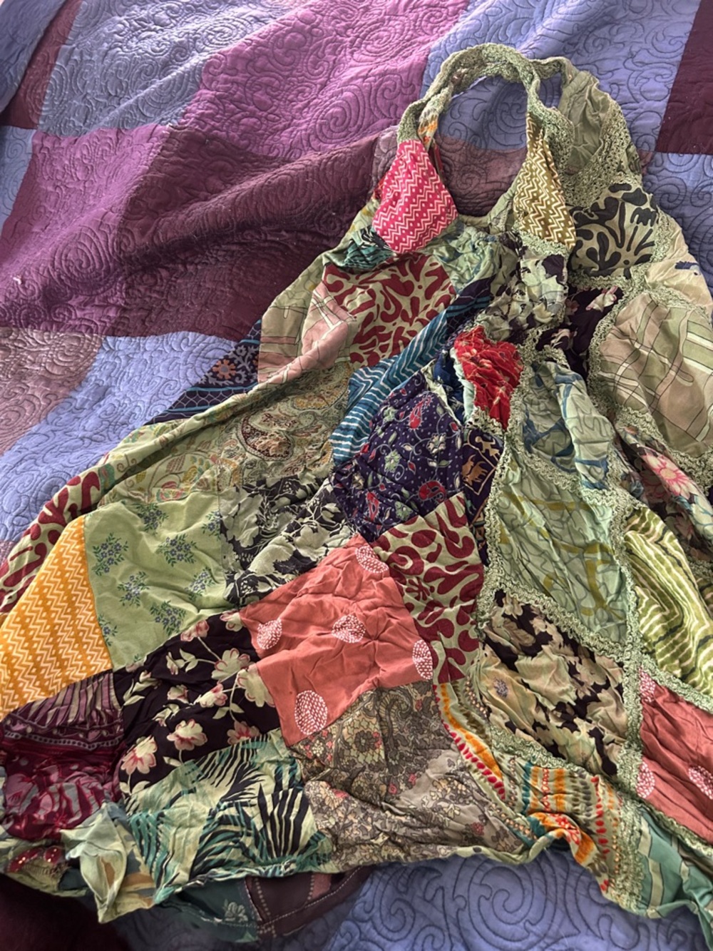 Patchwork Quilted Bohemian Dress - Multi Green Mix-one size